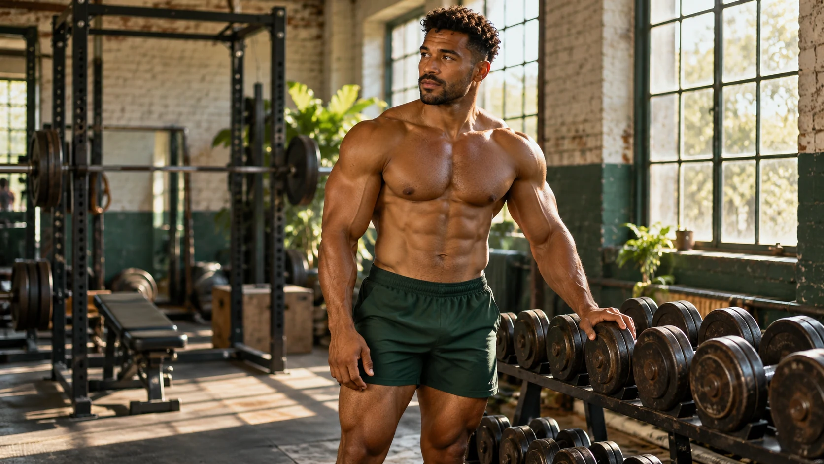 Fictional adult male bodybuilder in a gym, an original fitness illustration for Gain Gazette